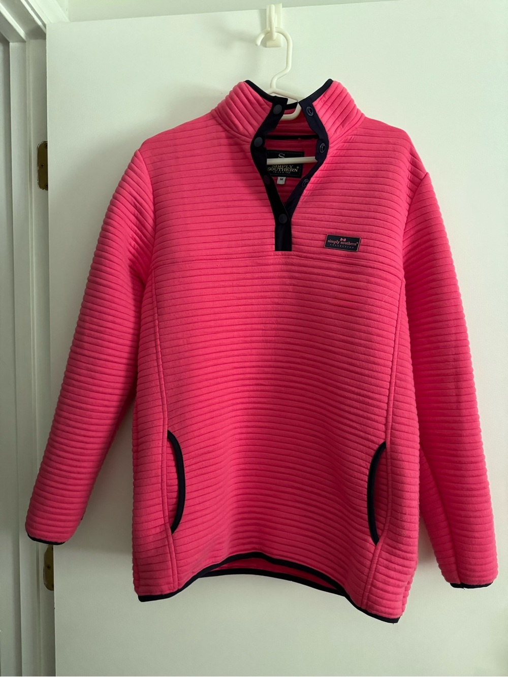 Simply Southern Hot Pink Quilted Pullover with Navy Accents